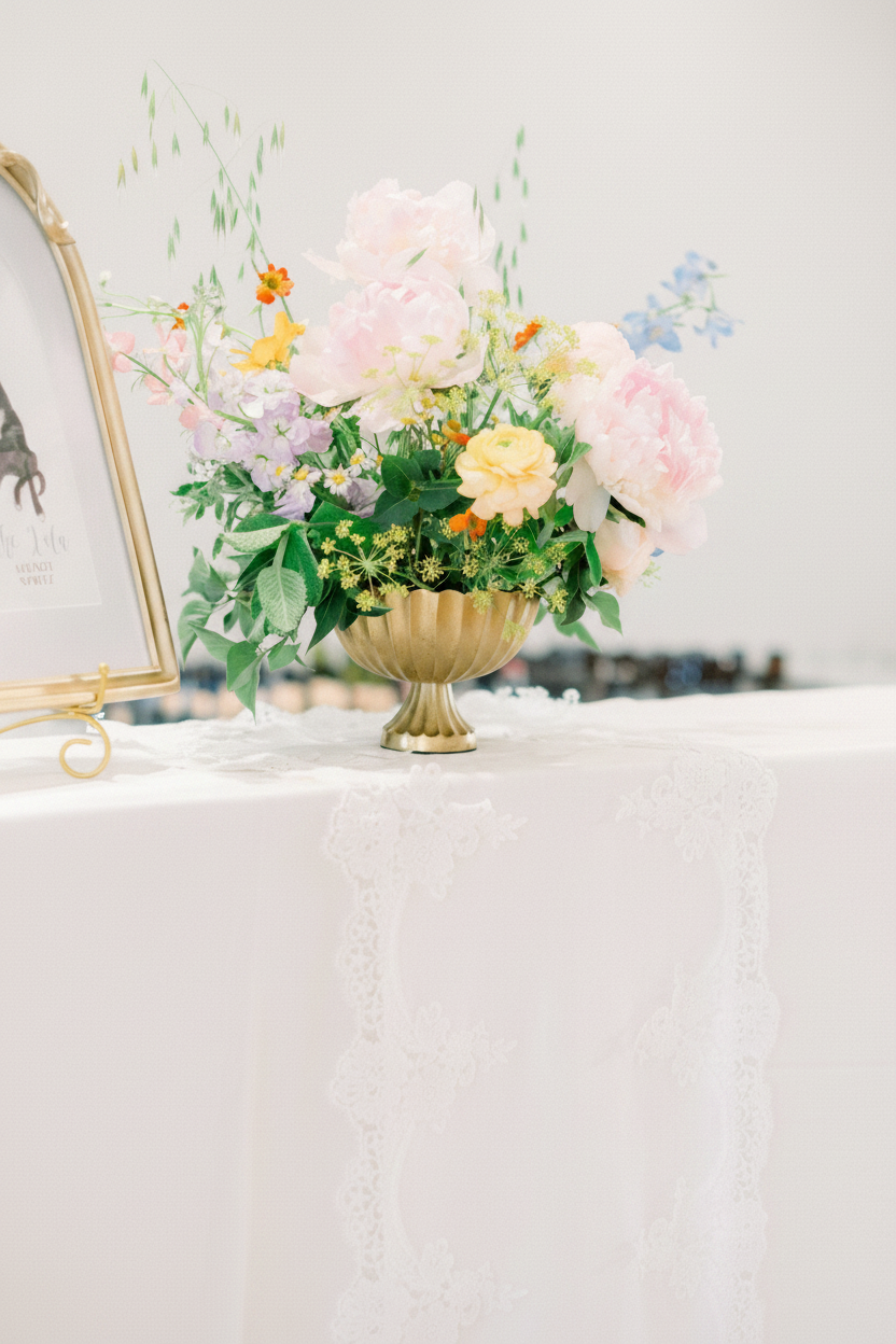 Welcome table with a pastel floral arrangement in a gold compote vase and a framed sign, on a white table with lace runner that says 'Cheers to The Pettifords'.