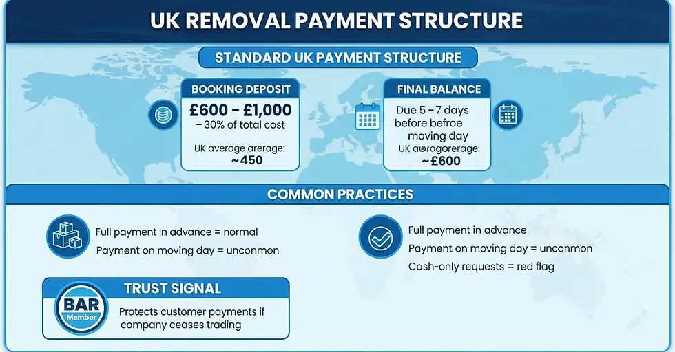 Diagram explaining the standard UK removals payment structure, including booking deposits and final balance payments due before moving day.