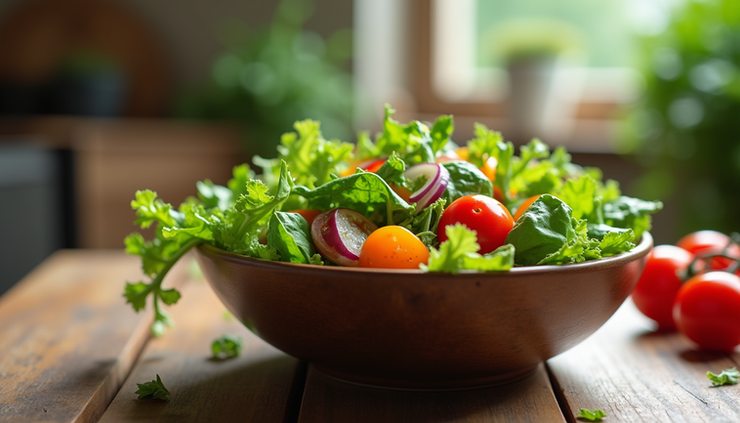 Eye-level view of a fresh vegetable salad bowl with colorful greens and tomatoes