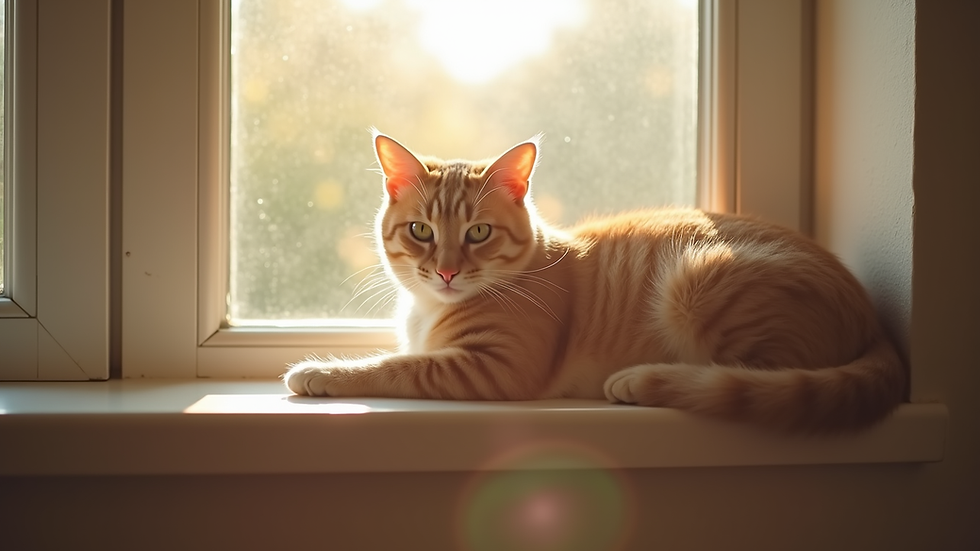 Close-up view of a cat resting on a windowsill with soft sunlight