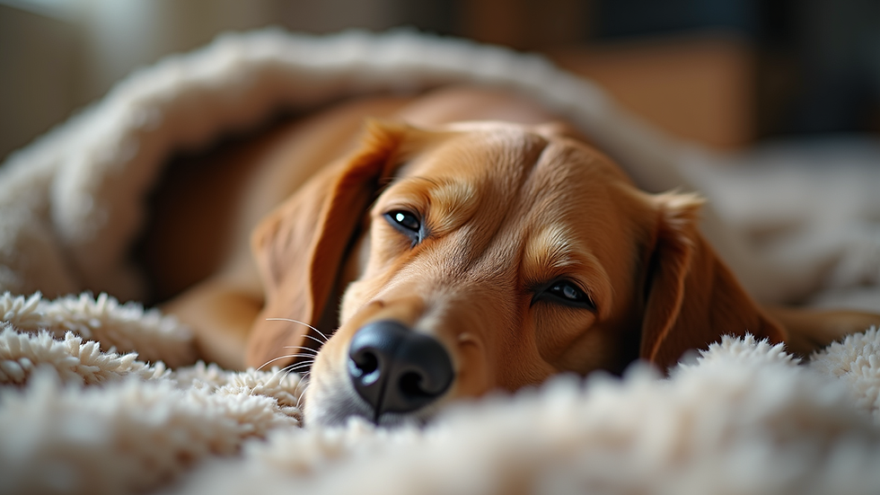Eye-level view of a dog resting peacefully on a cozy blanket