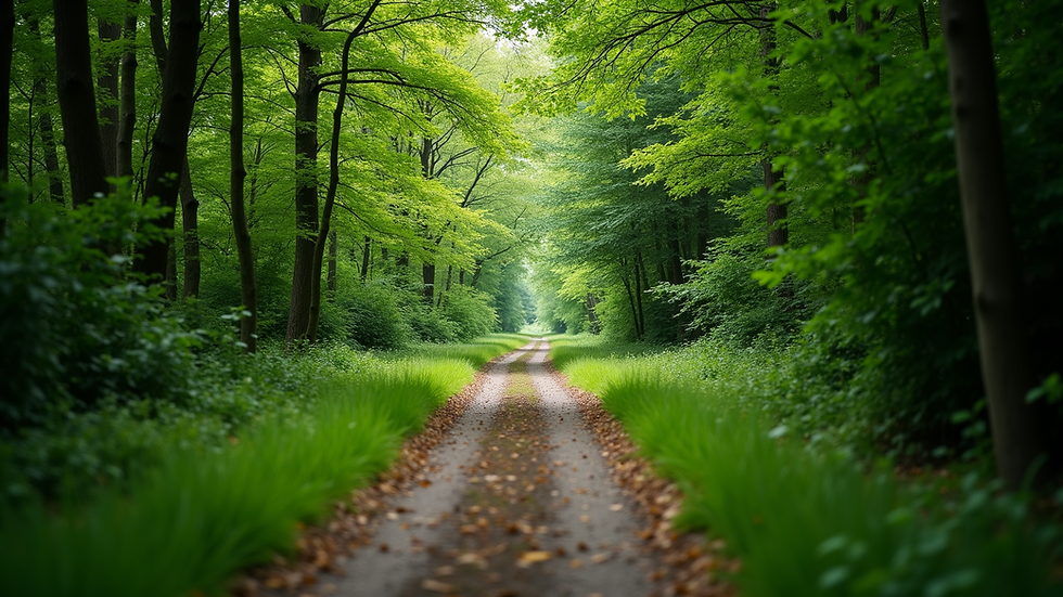 High angle view of a running trail among lush green trees