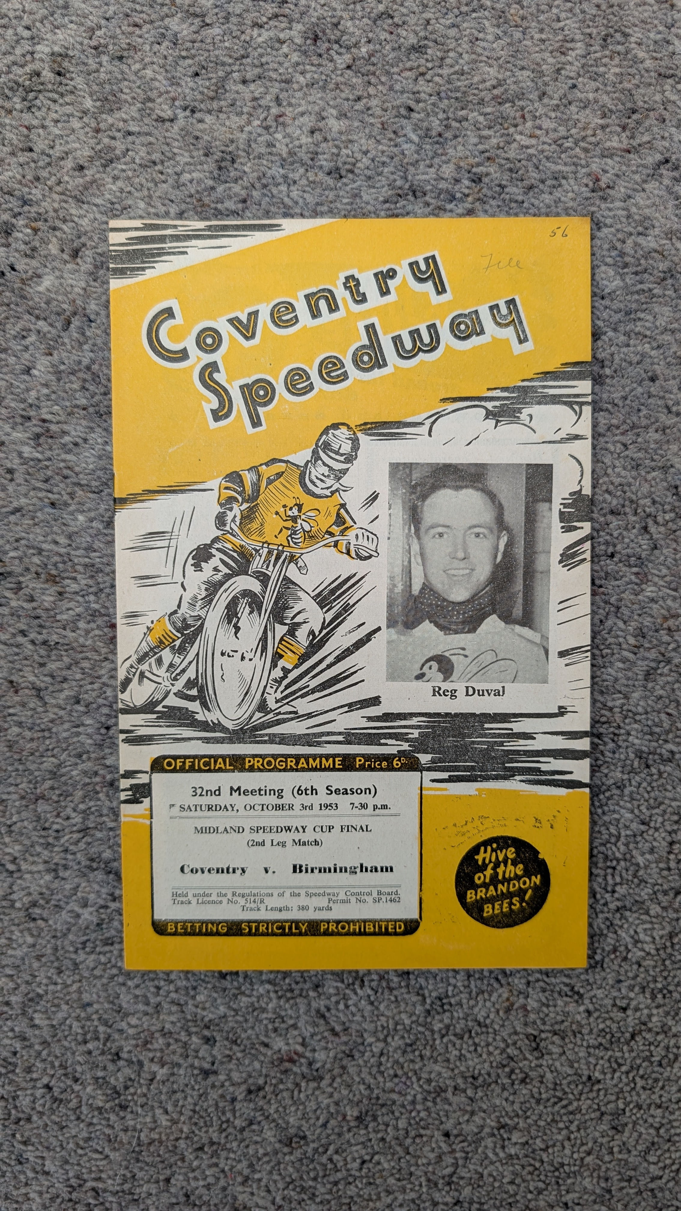 COVENTRY BEES SPEEDWAY PROGRAMME 1953 v BIRMINGHAM BRUMMIES 03/10/1953