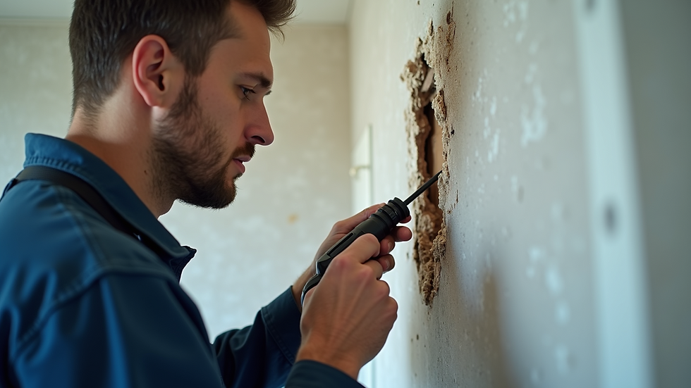 Eye-level view of a restoration technician inspecting a damaged wall