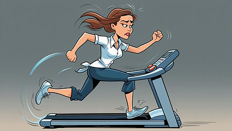 Slightly stressed cartoon image of a woman in business for herself, losing traction on a t