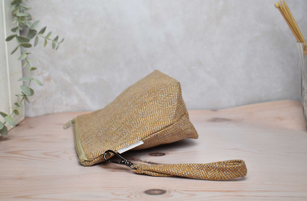 Thumbnail: Barley sock size project bag in luxury wool fabric.