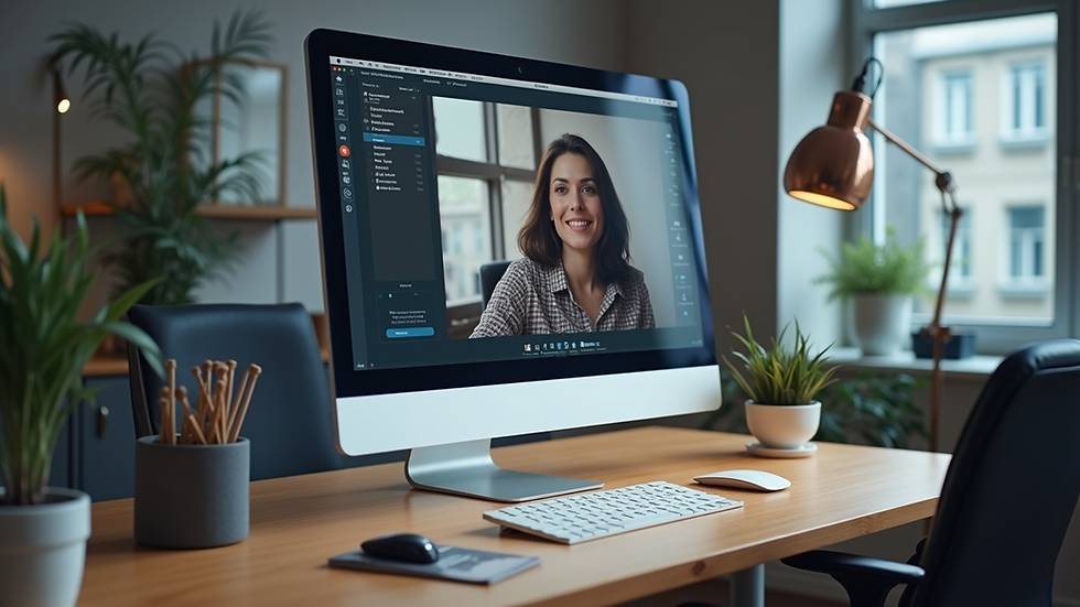Eye-level view of a modern office desk with a computer showing communication software