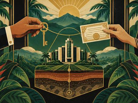 Symbolic exchange of real estate: one hand offers a key while the other hands over a certificate, with an imposing building in the center surrounded by lush nature, with mountains in the background.