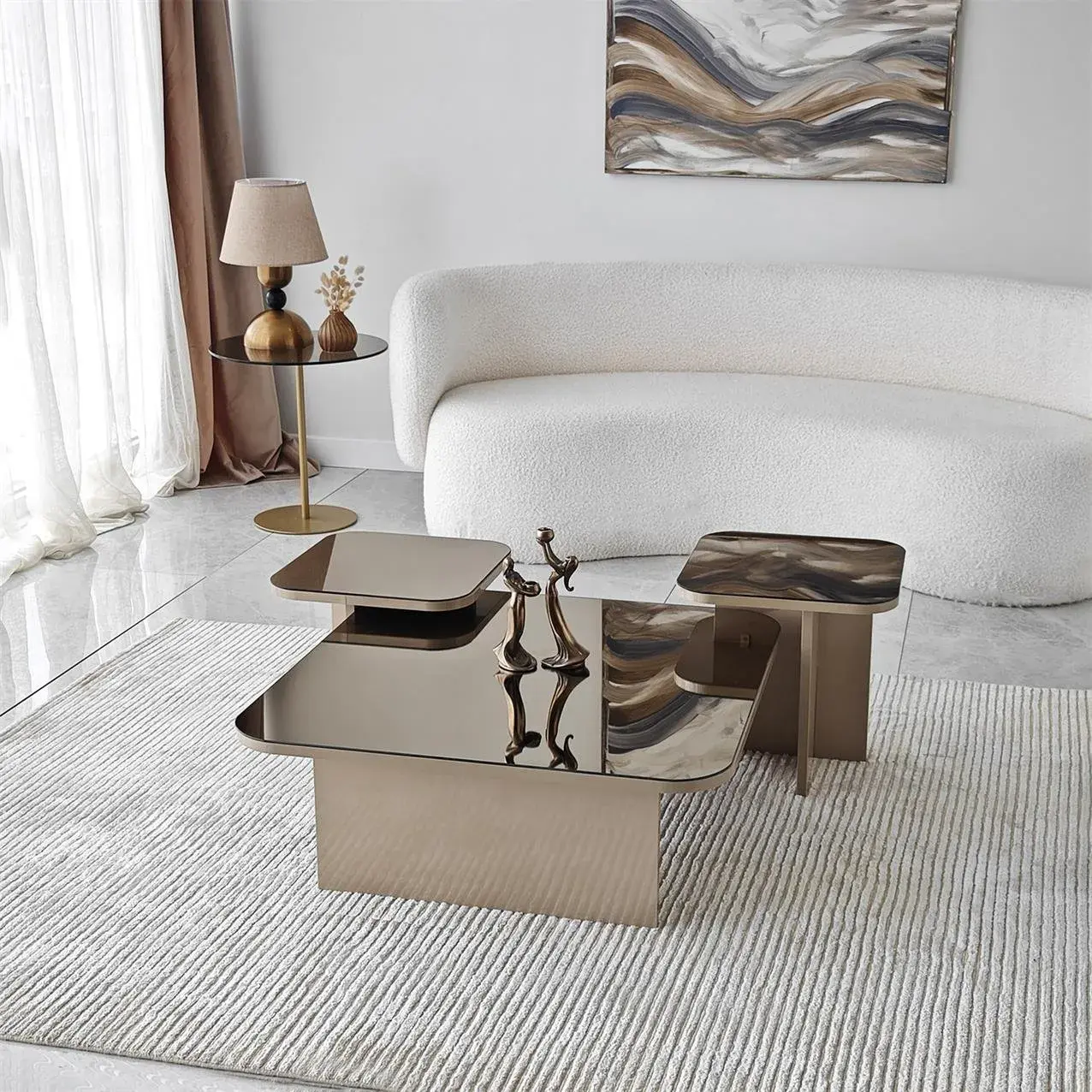 Jazz Coffee Table Set / Beige & Bronze Mirror