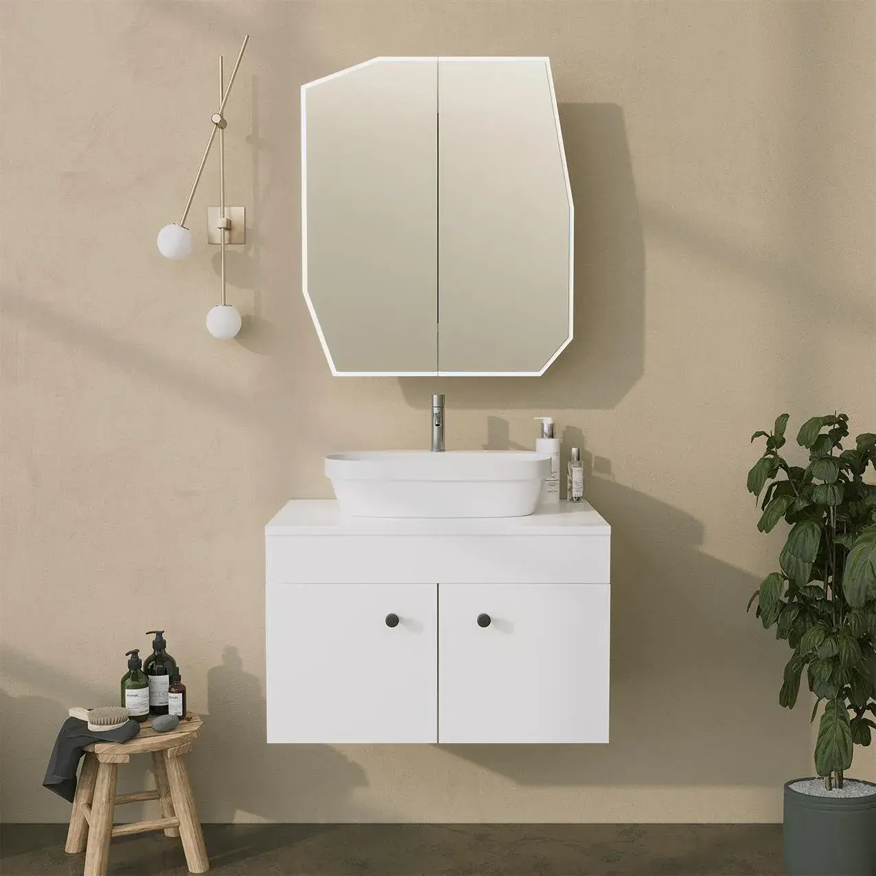 Wall-mounted setup of MirRegular Quartz 24″ white mirrored cabinet in bathroom