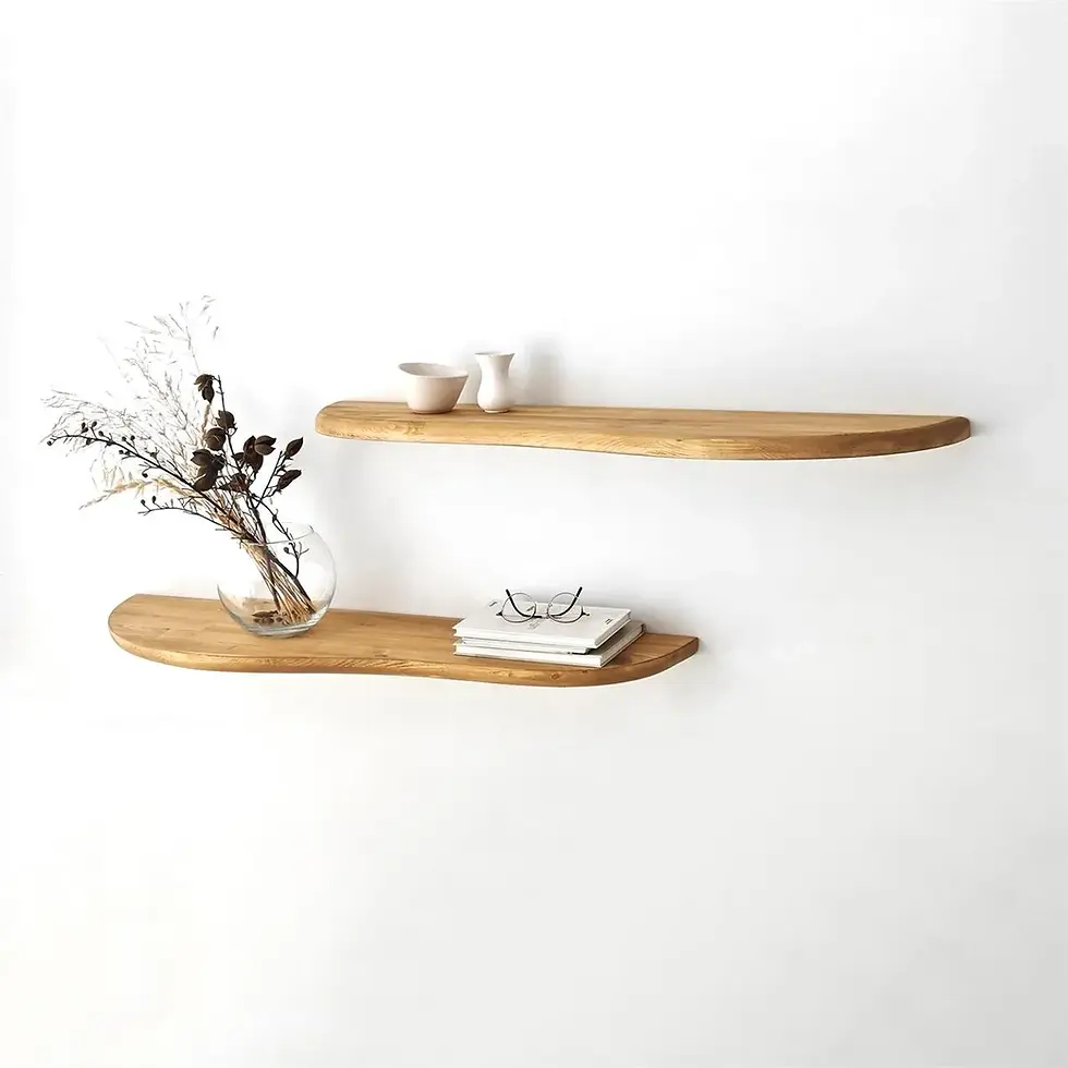 Thumbnail: Close-up of wooden floating shelves with books and ceramic decor