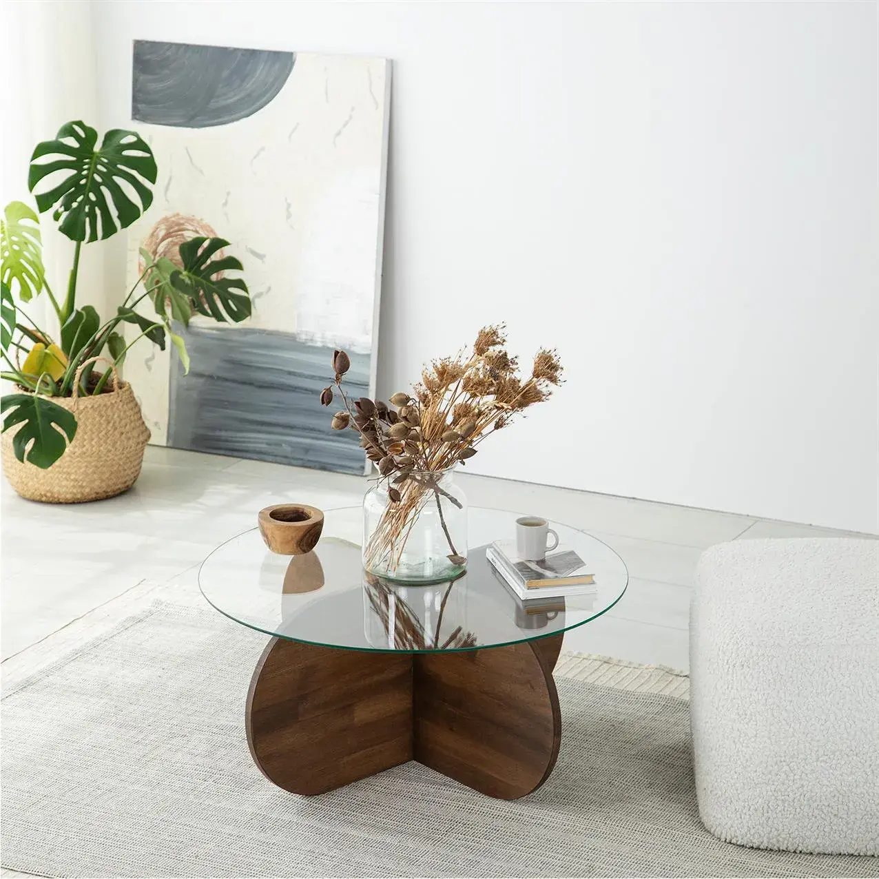 Bubble Glass Coffee Table / Solid Walnut Color