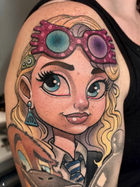 New school color tattoo of Luna from Harry Poter wearing pink glasses by award winning tattoo artist, Joseph Swider in New England