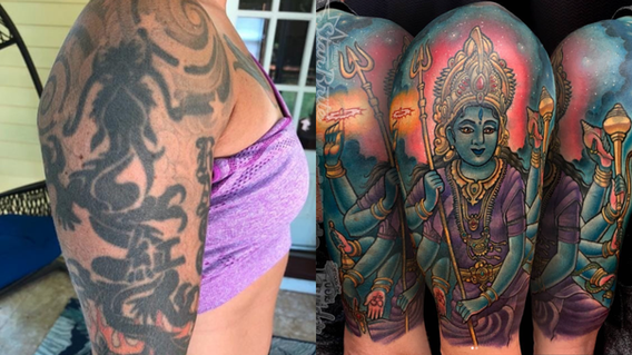 Colorful Shiva upper arm cover up tattoo transforming thick dark tribal tattoos with vibrant spiritual and illustrative detail.