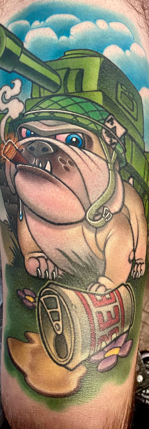 New school color tattoo on a thigh of a bulldog wearing an Army helmet and smoking a cigar while stepping on a beer can standing in front of a military tank by the best tattoo artist in Connecticut, Cracker Joe