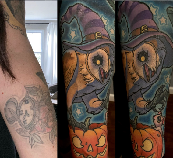 Owl wizard cover up tattoo with jack-o’-lantern replacing a faded pocket watch and rose tattoo on the arm.
