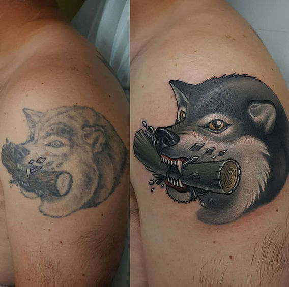 Reworked wolf head biting a stick cover up tattoo with improved shading, structure, and contrast.