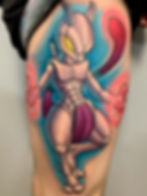 New school Mewtwo Pokémon tattoo by Joe Swider featuring vibrant colors, bold outlines, and dynamic anime-inspired artwork.