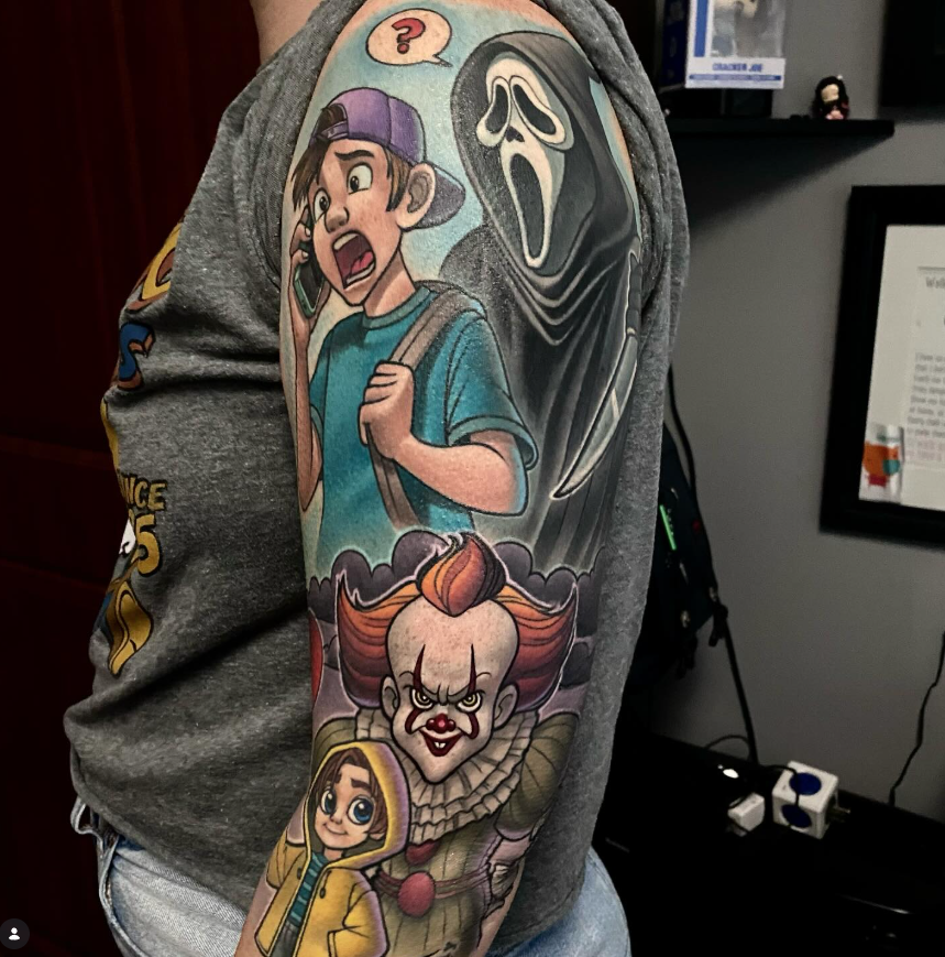 New school horror sleeve tattoo featuring Ghostface from Scream and Pennywise from It by Joe Swider in Connecticut