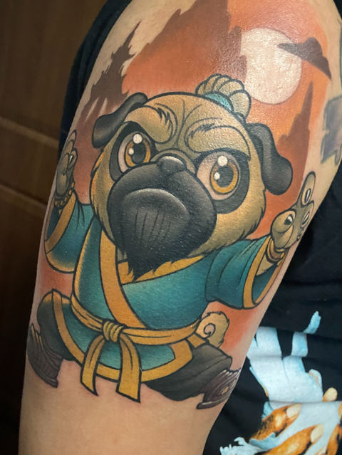 New school tattoo of pug posing in a blue samurai uniform by Skin Deep Ink tattoo artist Joe Swider