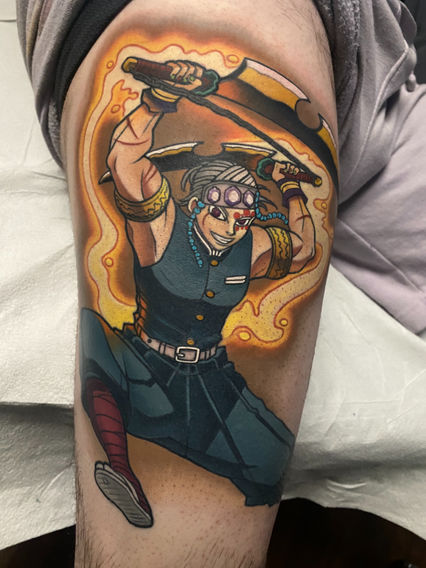 Color anime thigh tattoo of Tengen Uzui from Demon Slayer in a bold illustrative style by Joe Swider in New England