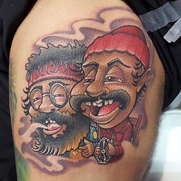 Color new school tattoo of Cheech and Chong featuring bold color, exaggerated features, and cartoon-inspired detail by Connecticut tattoo artist Cracker Joe.