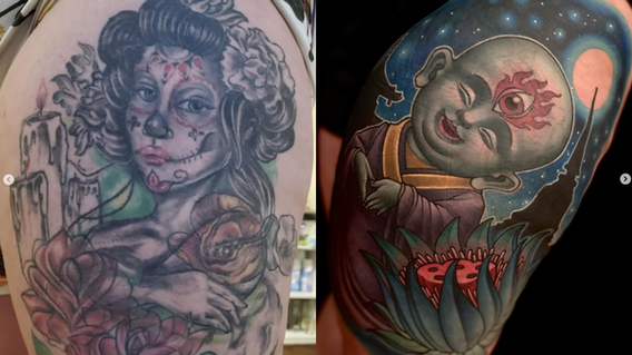 Laughing Buddha cover up tattoo with cosmic background and third eye symbol covering an old faded Day of the Dead girl tattoo.