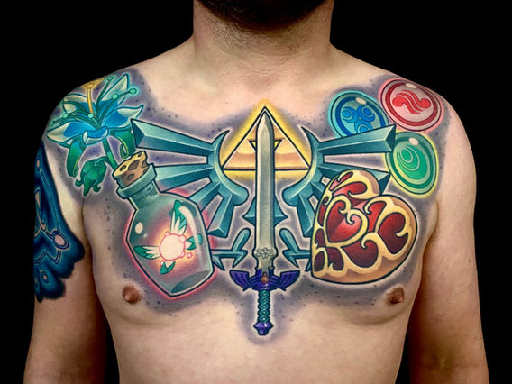 Color Legend of Zelda themed chest piece tattoo with fantasy gaming imagery by Joe Swider in Connecticut
