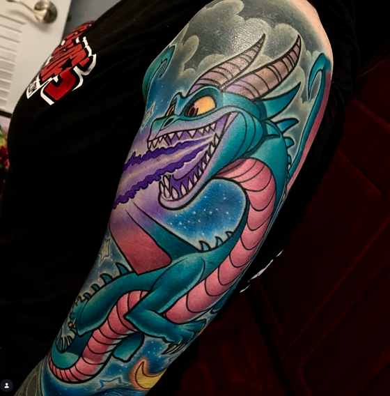 New school dragon tattoo breathing purple fire on the upper arm in a bold color illustrative style by Joe Swider in Connecticut