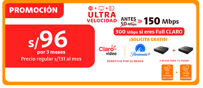 Plan de internet de 96 soles internet + cable + telefono