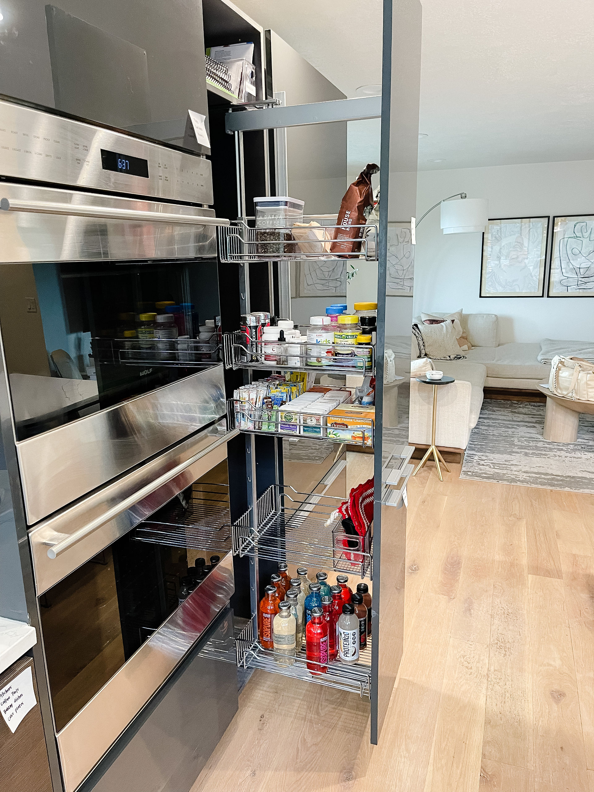 After Kelsey Wells Kitchen Transformation Pull Out Pantry Drink Storage Medicine Tea Hot Pads Coffee