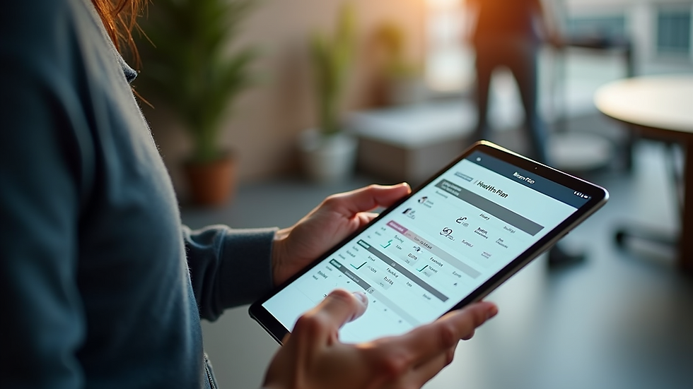 Eye-level view of a fitness coach designing a health plan on a tablet