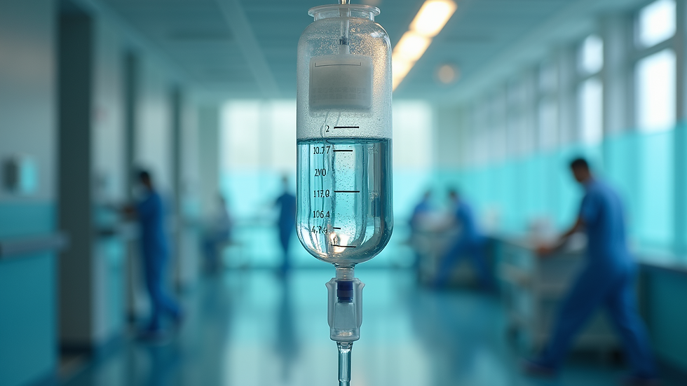 Eye-level view of IV hydration therapy bag with clear fluid