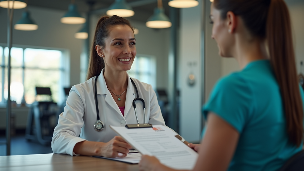 Eye-level view of a health coach discussing a fitness plan with a client