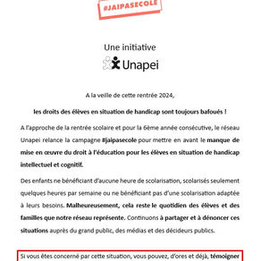 Cette année encore, l'Unapei vous propose de dénoncer les carences dans la mise en œuvre du droit à l'éducation des élèves en situation de handicap...