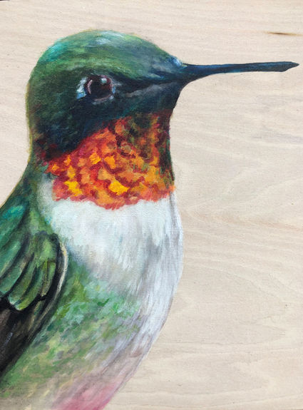 small portrait of male ruby-throated hummingbird painted in acrylic on wood panel