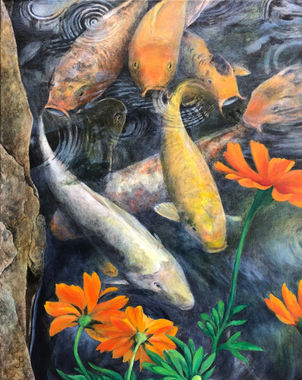 acrylic painting of koi fish swimming in pond beneath bright orange cosmos flowers