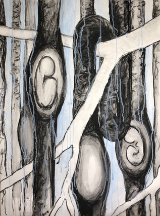 figurative abstract painting featuring  organic forms hinting at wombs in varying states of fecundity
