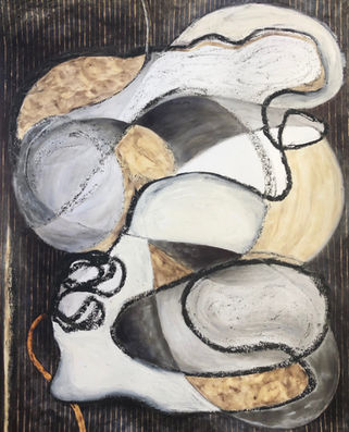 abstract ink bleach and oil stick painting in black gray and ochre