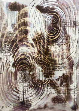 abstract painting of free flowing ink shapes with concentric and parallel lines in ink and bleach