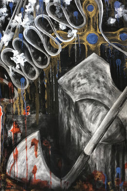 drawing depicting Elizabethan collar, gold cross, and beheading block and axe associated with reign of Elizabeth I