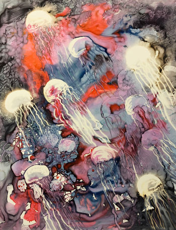 painting of jellies bleached into a red, blue, and black abstract ink background