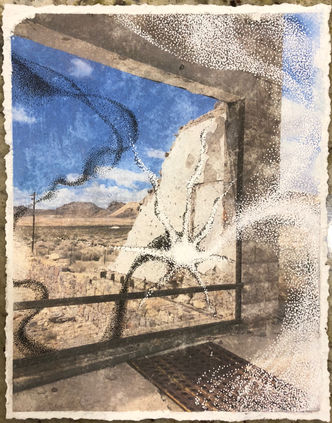 photo transfer and pigment ink painting of black and white spiritual forces battling in the threshold of a ghost town doorway in Rhyolite, Nevada
