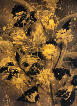bleach painting of golden texas wildflowers and hardware cloth on black paper