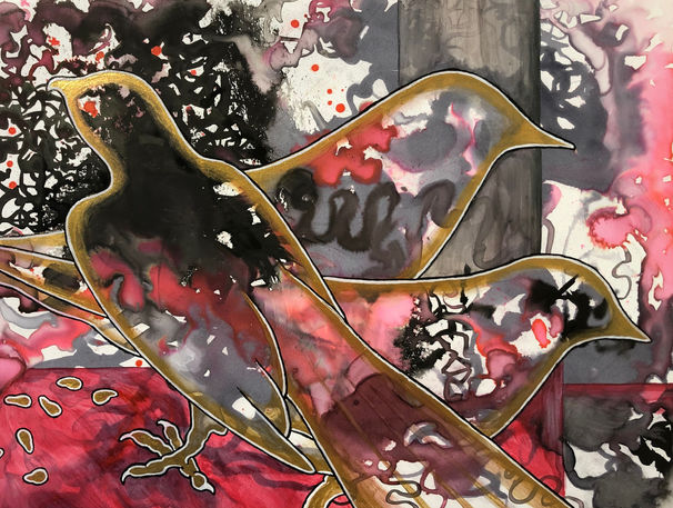 acrylic painting of birds outlined in gold on a red and gray abstract ink background