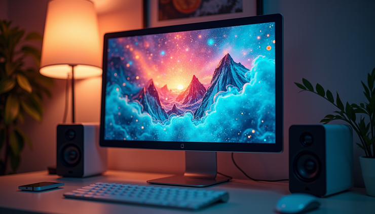 צילום בזווית עין של מסך מחשב עם איור דיגיטלי צבעוני