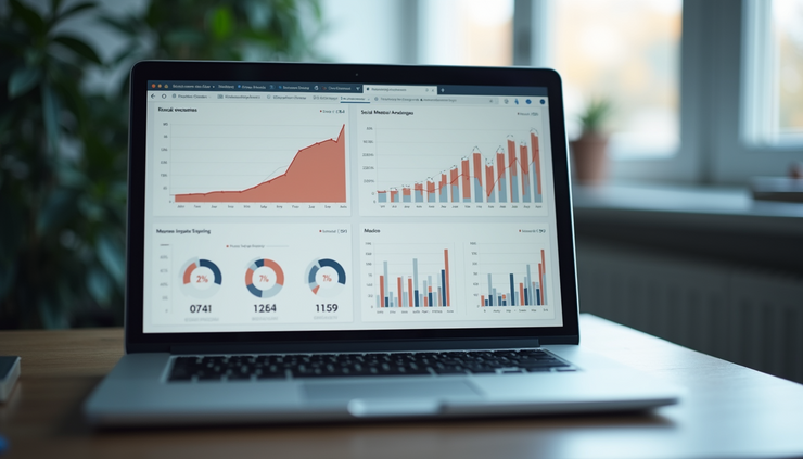 צילום בזווית עין של מחשב נייד עם גרפים ונתוני ניתוח ברשת חברתית