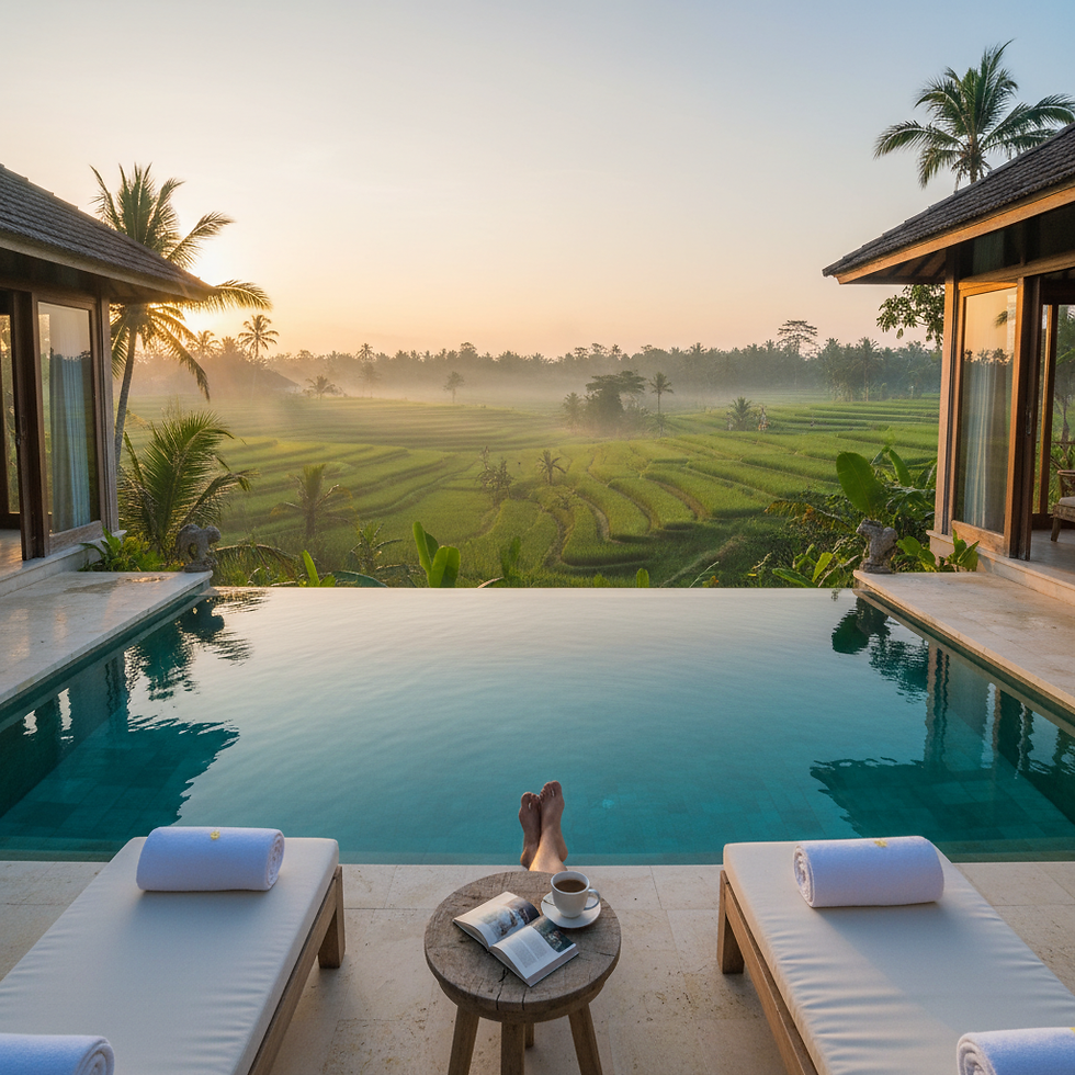 Escape for a month-long stay in a modern Balinese apartment featuring a private plunge pool and serene rice field views in the peaceful Pererenan area.