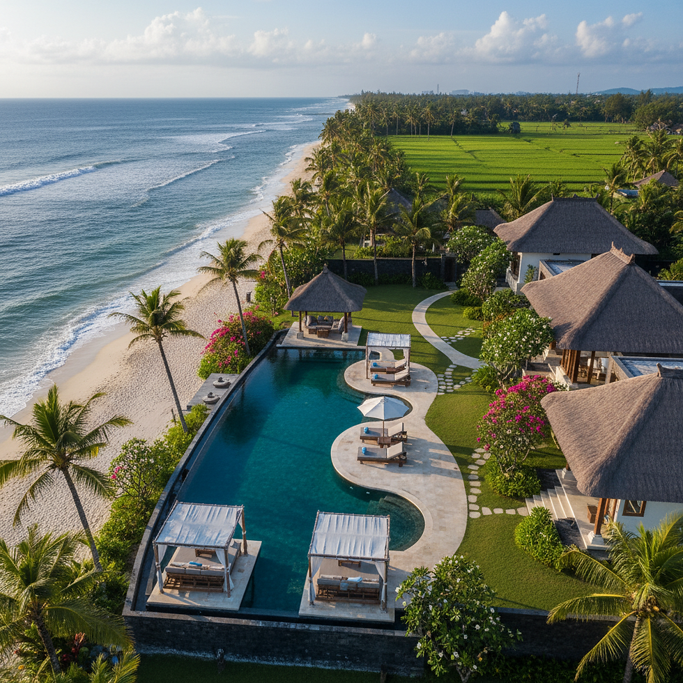 Stay in a modern, luxury beachfront villa in Bali with a private pool and staff, now at a discounted rate.