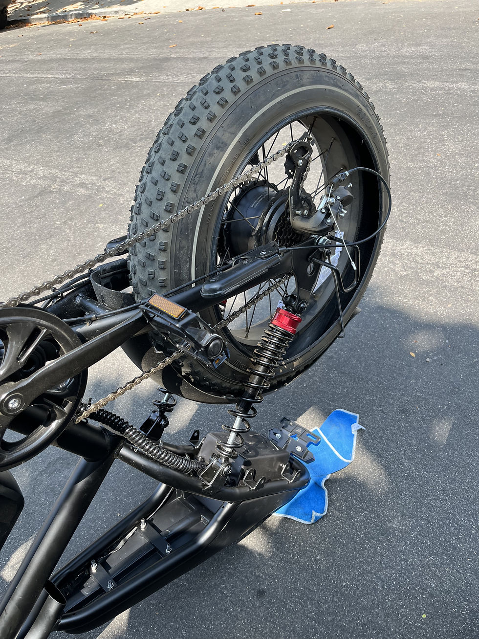 Fat tire e-bike rear wheel, drivetrain, and suspension inspection during mobile e-bike repair.